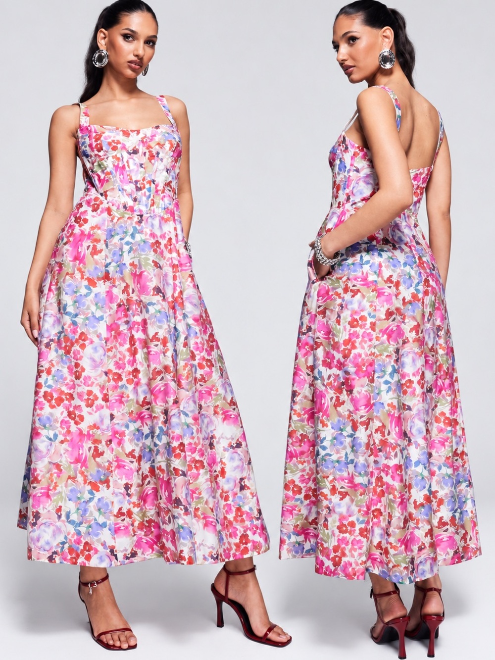Bardot Lilah Corset Midi Dress Pink Floral Wedding Guest XL US 10
